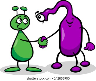 Cartoon Vector Illustration of Two Funny Aliens or Martians Comic Characters Shaking Hands