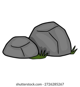 Cartoon vector illustration of two grey rocks with green grass peeking out from underneath, isolated on white background.