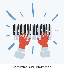 Cartoon vector illustration of two hands play on piano or synthesizer, midi keyboard.