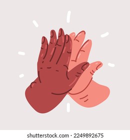 Cartoon vector illustration of Two hands giving a high five for great work. Friendship and giving a high five as a symbol of great work achievement. People team give hand slapping