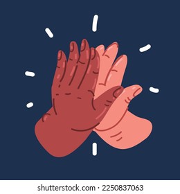 Cartoon vector illustration of Two hands giving a high five for great work. Friendship and giving a high five. Symbol of great work achievement. People team give hand slapping over dark background