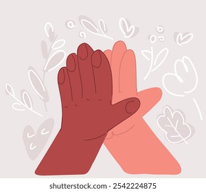 Ilustración vectorial de dibujos animados de dos manos dando un alto cinco para un gran trabajo. High 5 como símbolo de gran logro laboral. Equipo de Personas dan bofetadas de mano