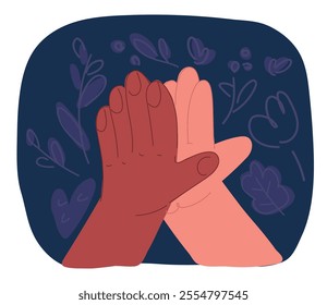 Cartoon vector illustration of Two hands giving high five, clapping palms icon. Biracial arms slap, greeting hi gesture of friends. Partners congratulation with great deal over dark backround