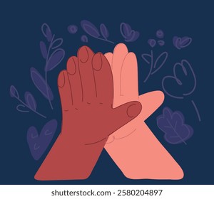 Cartoon vector illustration of Two hands giving high five, clapping palms icon. Biracial arms slap, greeting hi gesture of friends. Partners congratulation with great deal over dark backround