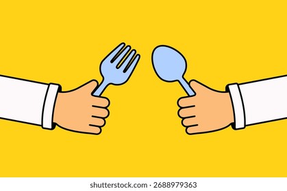 Cartoon vector illustration of two hands holding a spoon and fork against a bright yellow background. Simple flat design perfect for restaurant branding, cooking themes, food delivery