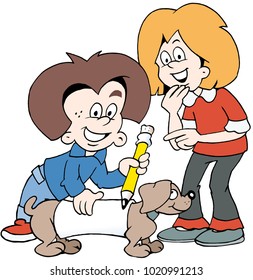 Cartoon Vector illustration of two happy children with a family dog