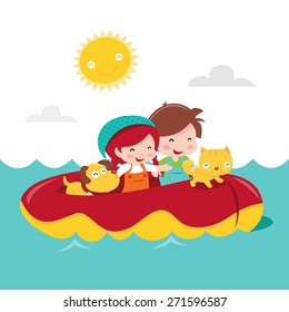A cartoon vector illustration of two happy kids, boy and girl with their pets in a dingy boat adventure.