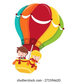 A Cartoon Vector Illustration Of Two Happy Kids On A Colorful Hot Air Balloon Adventure. 