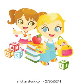 A cartoon vector illustration of two happy preschool kids enjoying learning reading, art and writing. 