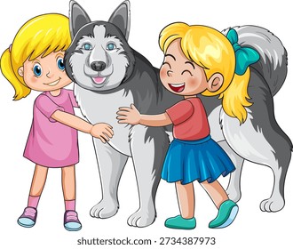 Cartoon vector illustration of two happy blonde girls embracing a friendly grey Siberian husky