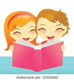 A cartoon vector illustration of two happy kids (boy and girl) reading a book on table. 