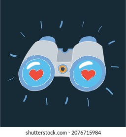 Cartoon vector illustration of two hearts and likes reflected in a pair of binoculars lenses on dark