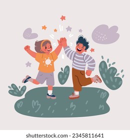 Cartoon vector illustration of two kids giving high five to each other. Children friendship