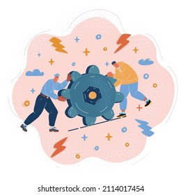Cartoon vector illustration of two man pushing a cogwheel to make it work