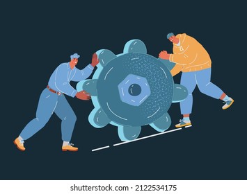 Cartoon vector illustration of two man pulling gear over dark backround.