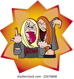 cartoon vector illustration of two metal fans girls