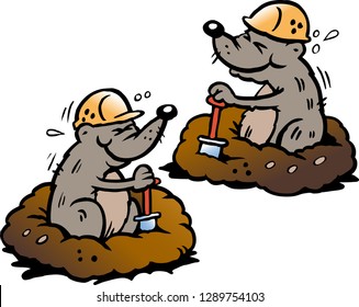 Cartoon Vector illustration of two Mole digging Holes in the Ground