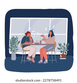 Cartoon vector illustration of Two office workers discuss about new company project.They sitting at the desk in company caffee and preparing for meeting over dark background