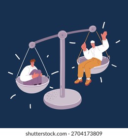 Ilustração vetorial de dois homens de escritório sentados em escalas. Complementação de empresário ou colegas de trabalho para disparar sobre fundo escuro