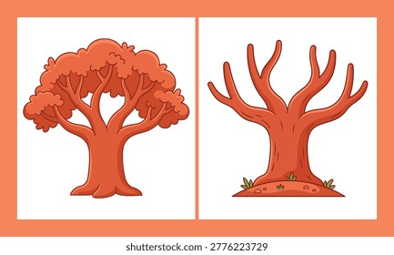 Cartoon vector illustration of two orange trees with autumn leaves and bare winter branches.