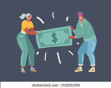 Cartoon vector illustration of two people fighting over money or stretching dollar currency money, divorce, conflict, war concept on dark background.
