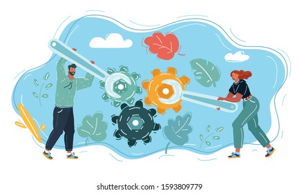 Cartoon vector illustration of two people with wrench make repair.