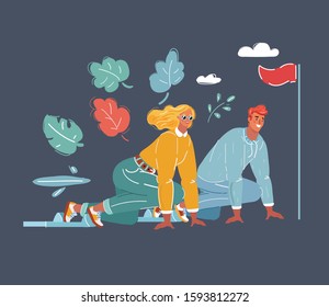 Cartoon vector illustration of two people in start position. The competition a woman and a man