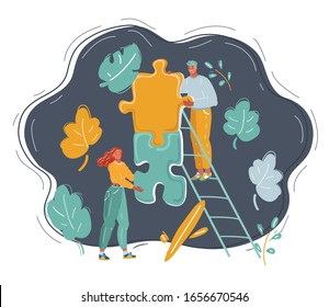 Cartoon vector illustration of two people get together parts of puzzle. Human characters on dark background.