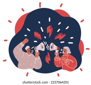 Ilustración vectorial de dibujos animados de dos personas lloran entre sí con un altavoz sobre fondo oscuro