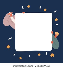 Cartoon vector illustration of two people holding empty banner. Copy space over dark background