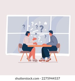 Cartoon vector illustration of two people. Man and woman interview. Talking together