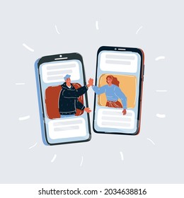 Cartoon vector illustration of two persons give five to each other by their smartphones. Man and woman they say hello on gaget screen in social media application.