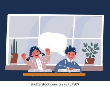Cartoon vector illustration of two small girl boy schoolchildren brother sister classmates over dark background