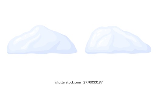 Cartoon vector illustration of two soft white and light blue snow drifts, isolated on white background, ski resort and winter mountain scene decoration design element set.
