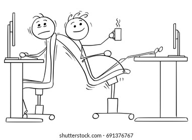 Cartoon vector illustration of two stick man office workers, one of them lowered the chair so the other one has no space.