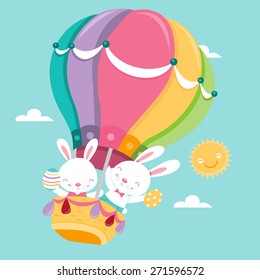 A cartoon vector illustration of two super cute white easter bunnies on hot air balloon. 