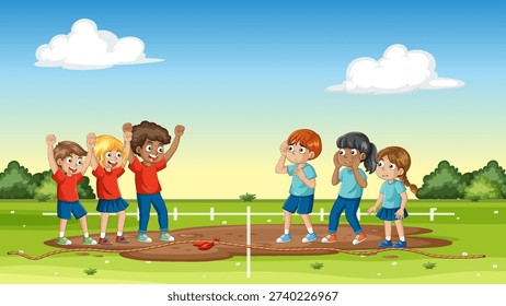 Cartoon vector illustration of two teams competing in tug of war on grassy field