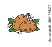 Cartoon vector illustration of two whole potatoes with green leaves and small daisy flowers vegetable illustration