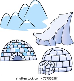 Cartoon vector illustration of two winter igloo houses,  ice floe and snowing mountains 