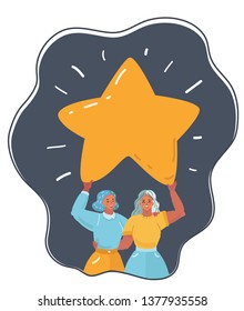 Cartoon vector illustration of two woman holding a big yellow star. Idea of feedback and rating. Rate the product. Star as a metaphor of achievement.