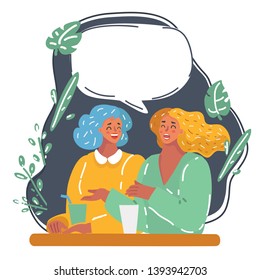 Cartoon vector illustration of two woman talk to each other. Speech bubble on dark.