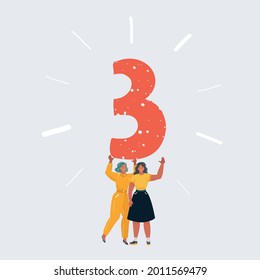 Cartoon vector illustration of two woman holding three number on white background.