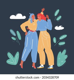 Cartoon vector illustration of two woman hugging each othe for taking photo on dark backround.