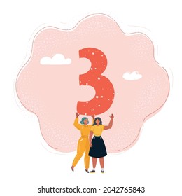 Cartoon vector illustration of two woman hold number three in their hands.