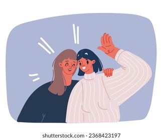 Cartoon vector illustration of two woman waving. Friends greeting or supporting each other. Informal hi gesture. Concept of friendship, partnership and success.