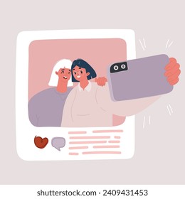 Cartoon vector illustration of two woman take photo together for social media post