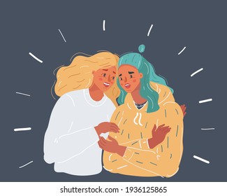 Cartoon vector illustration of Two women hugging at dark background.