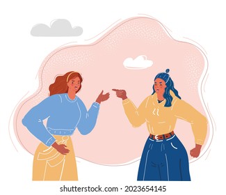 Cartoon vector illustration of two women fighting and pointing finger at each other.
