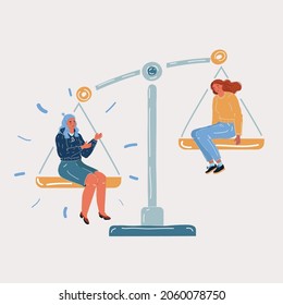 Cartoon vector illustration of two women on the scales. Balance symbol. Job, envious, jealousy, low self-esteem. Сomparing herself to others person on white background.