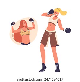 Cartoon Vector Illustration Of Two Women In Sports Attire Engaged In Boxing. One Female Character Is Throwing A Punch